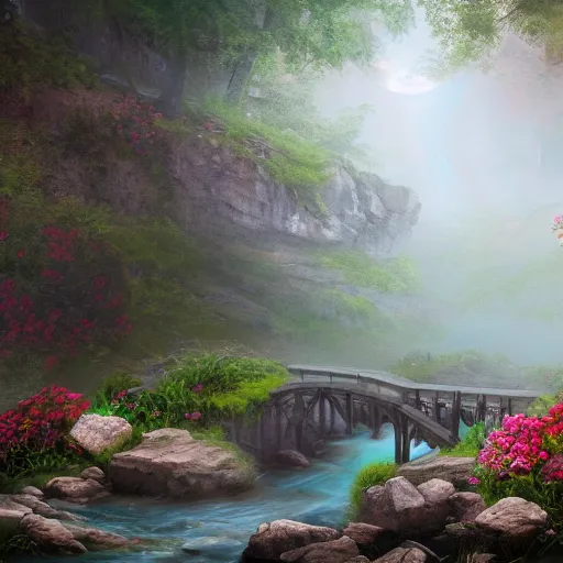 Image similar to matte painting of an old mason bridge decorated with flowers alongside above a small rocky river stream, realistic, 4 k, artstation, dreamy, fog, volumetric lighting, high detail