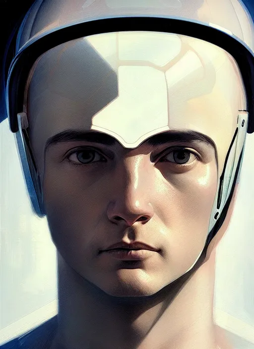 Image similar to artwork by james jean and Phil noto; a close up on the face of a beautiful man in a future space suit; wearing futuristic astronaut helmet; highly detailed; pretty eyes; circular black pupils; artwork by james jean and Phil noto