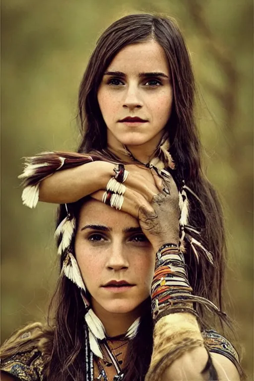Image similar to “Photo of Native American indian woman Emma Watson, portrait, skilled warrior of the Apache, ancient, realistic, detailed, emma watson”