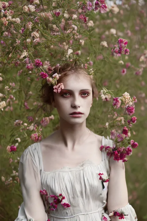 Prompt: a beautiful portrait photography of a female in beautiful dress by monia merlo, full body, fashion, romanticism, flowers, modern. model.