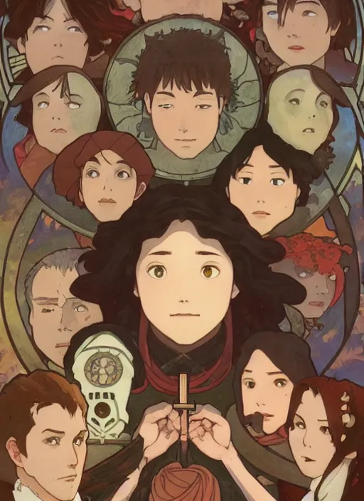 Image similar to among us characters holding hands in a circle by a burning cross, highly detailed, high quality, digital painting, by studio ghibli and alphonse mucha, leesha hannigan, makoto shinkai, disney