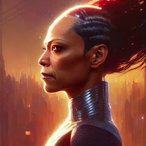 Image similar to cyborg Zoe saldana profile picture by Greg Rutkowski, dynamic pose, intricate, futuristic, fantasy, elegant, by Stanley Artgerm Lau, greg rutkowski, thomas kindkade, alphonse mucha, loish, norman Rockwell,