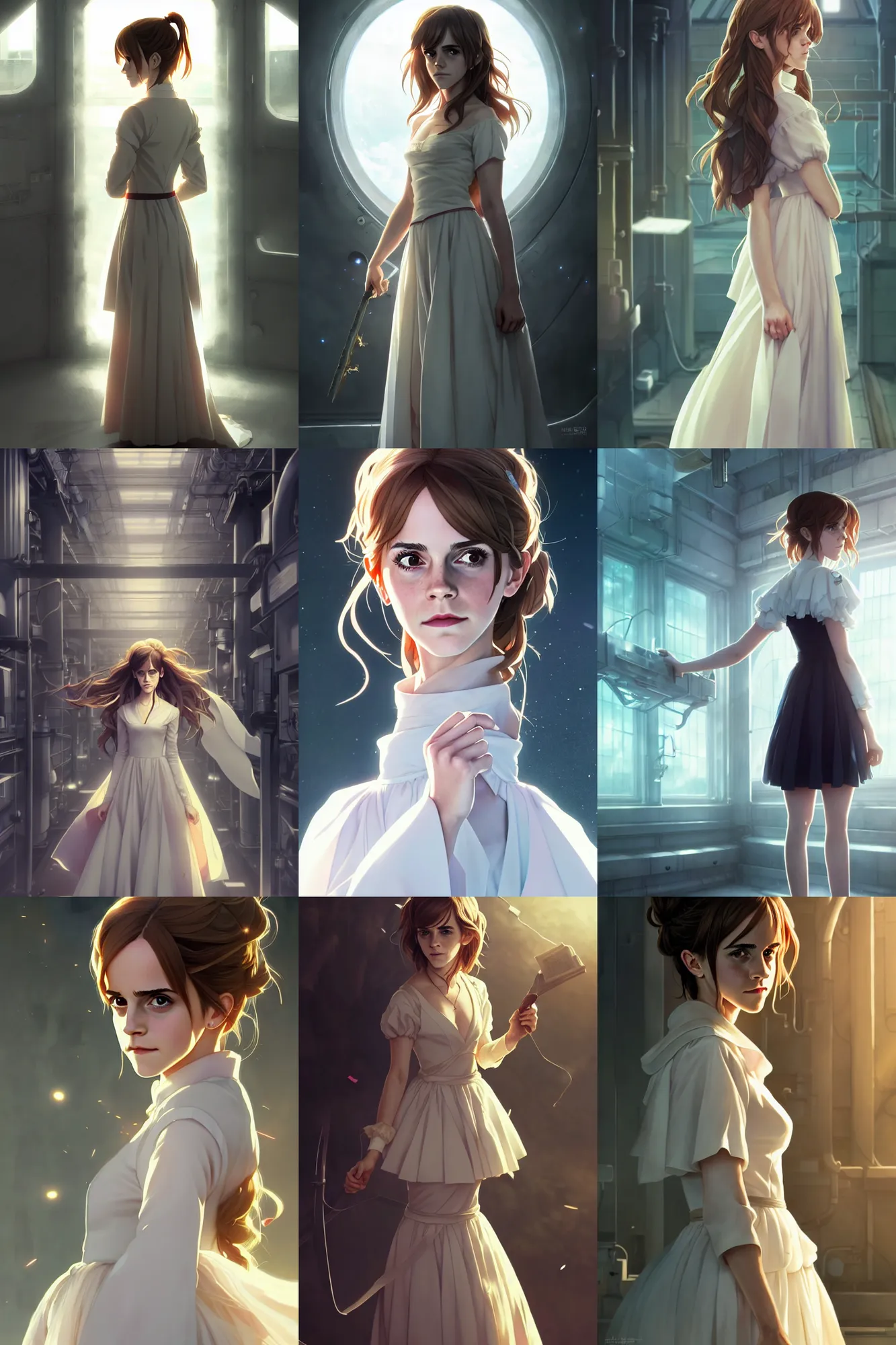 Prompt: emma watson act as hermione in a wedding dress, standing inside a research facility, character art, anime key visual, official media, illustrated by wlop and artgerm and greg rutkowski, ilya kuvshinov, intricate details, 8 k, trending on artstation, cinematic lighting, beautiful, cosplay