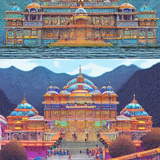 Image similar to A beautiful and detailed illustration of the Badrinath Temple, immaculate scale, trending on Artstation, illustrated by Dan Mumford, illustration