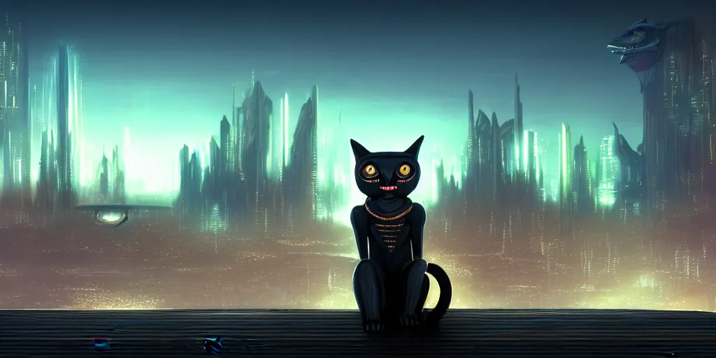 Prompt: anthropomorphic cat figure, dark, sitting on a wooden deck, staring into the sky, night, dramatic warm lighting, futuristic cyberpunk cityscape in background, stellaris concept art, ringworld structure in sky, detailed