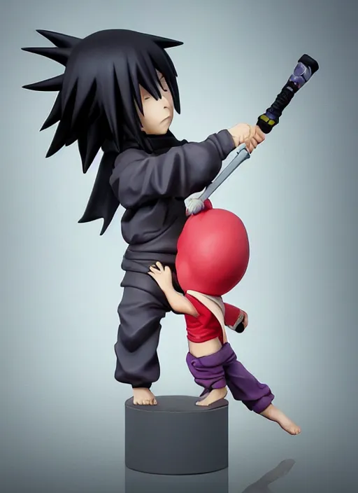 Image similar to cute chibi uchiha sasuke anime figurine, sharing an eyes, art by gerald brom, greg rutkowski and artgerm and james jean and zdzisław beksinski, unreal engine, studio lighting