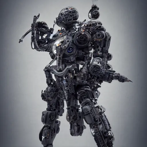 Image similar to Full lenght view contamporary art photography of ultra mega super hyper realistic detailed warmachine by Hiromasa Ogura . Photo on Leica Q2 Camera, Rendered in VRAY and DaVinci Resolve and MAXWELL and LUMION 3D, Volumetric natural light. Wearing cyberpunk suit with many details by Hiromasa Ogura .Rendered in VRAY and DaVinci Resolve and MAXWELL and LUMION 3D, Volumetric natural light