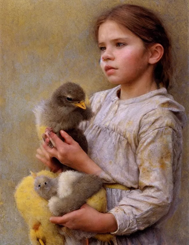 Image similar to portrait of little peasant girl holding chick in her hands, cottage core, cinematic focus, polaroid photo bleached vintage pastel colors high - key lighting, soft lights, foggy, by steve hanks, by lisa yuskavage, by serov valentin, by tarkovsky, 8 detailed, oil on canvas