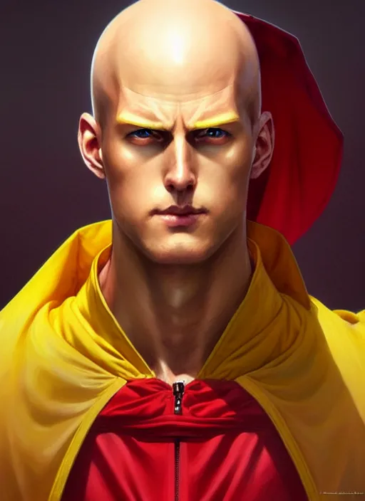 Image similar to ultra realistic illustration, handsome saitama. yellow and red cape, intricate, elegant, highly detailed, digital painting, artstation, concept art, smooth, sharp focus, illustration, art by artgerm and greg rutkowski and alphonse mucha and wlop