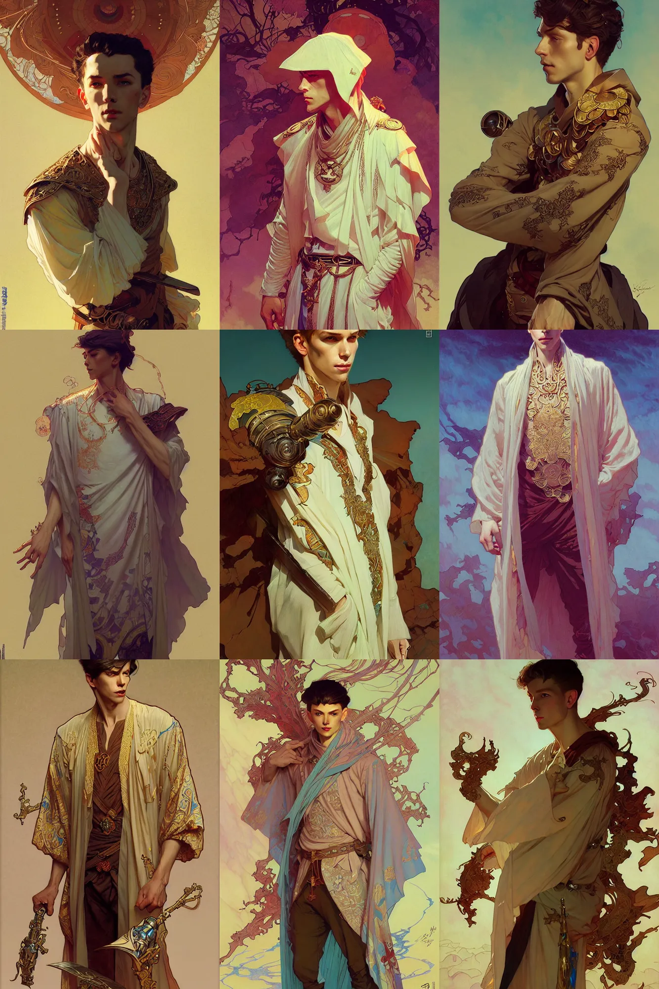 Prompt: young male, russian kaftan, fantasy, smooth, art by joseph leyendecker, peter mohrbacher, ruan jia, marc simonetti, ayami kojima, cedric peyravernay, alphonse mucha, victo ngai