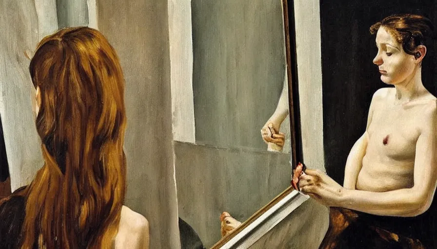 Image similar to painting by lucien freud, young woman in front of the mirror, detailed, stunning