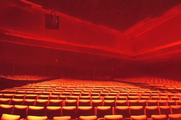 Image similar to a dark conference auditorium with a small crowd, atmospheric and obscure, red neon light, by roger deakins, cinematography, syd mead, dave mckean