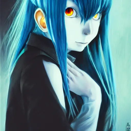 Prompt: high contrast photo of rimuru tempest, sky blue straight hair, bangs, with amber eyes, wearing a black jacket, high collar, ultra detailed, brush strokes, skin texture, digital painting, cinematic, wlop, pixiv, eerie, scary, intimidating glare, evil, junji ito, yoshitaka amano