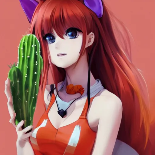 Prompt: A red-haired anime girl with fox ears and an evil grin in an orange jumpsuit holds a cactus artwork of a single character, highly detailed, artstation, smooth, sharp focus, illustration, art by artgerm and makoto shinkai
