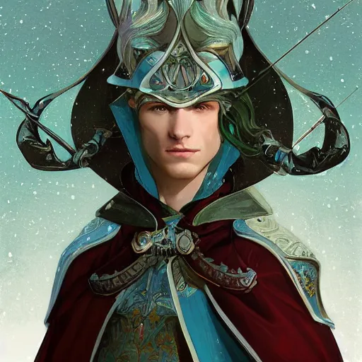 Prompt: half length portrait of a handsome snow elf in a turquoise cape and silver armour, armed with bow and arrow, albino skin, winter vibes, elegant, very coherent symmetrical artwork, rule of thirds, by ralph hosley and alphonse mucha and charlie bowater, sharp focus, trending on artstation