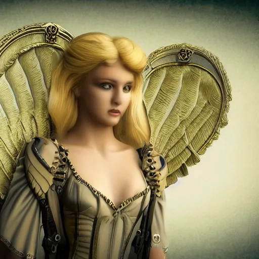 Image similar to pretty blond steampunk angel, 8 k, shallow depth of field, 8 k, ultra high detail, concept art,