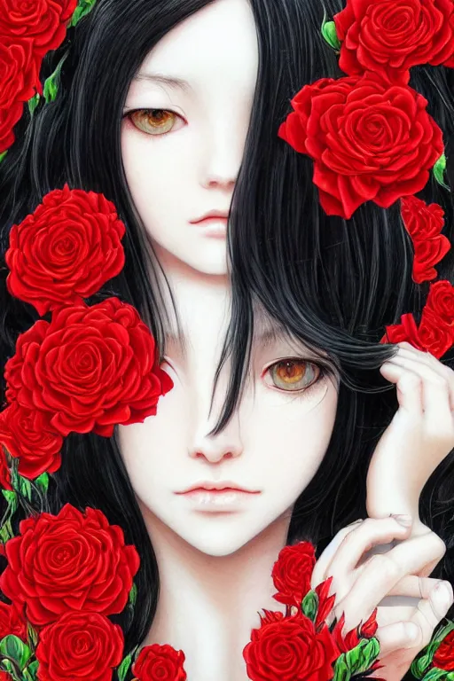 Prompt: high quality digital portrait of woman with long black hair, black eyes, red headband, golden roses in hair, anime, face, fantasy, intricate, elegant, highly detailed, digital painting, concept art, smooth, sharp focus, illustration, art by hiromu arakawa, miho hirano, krenz cushart, sui ishida, trending on artstation