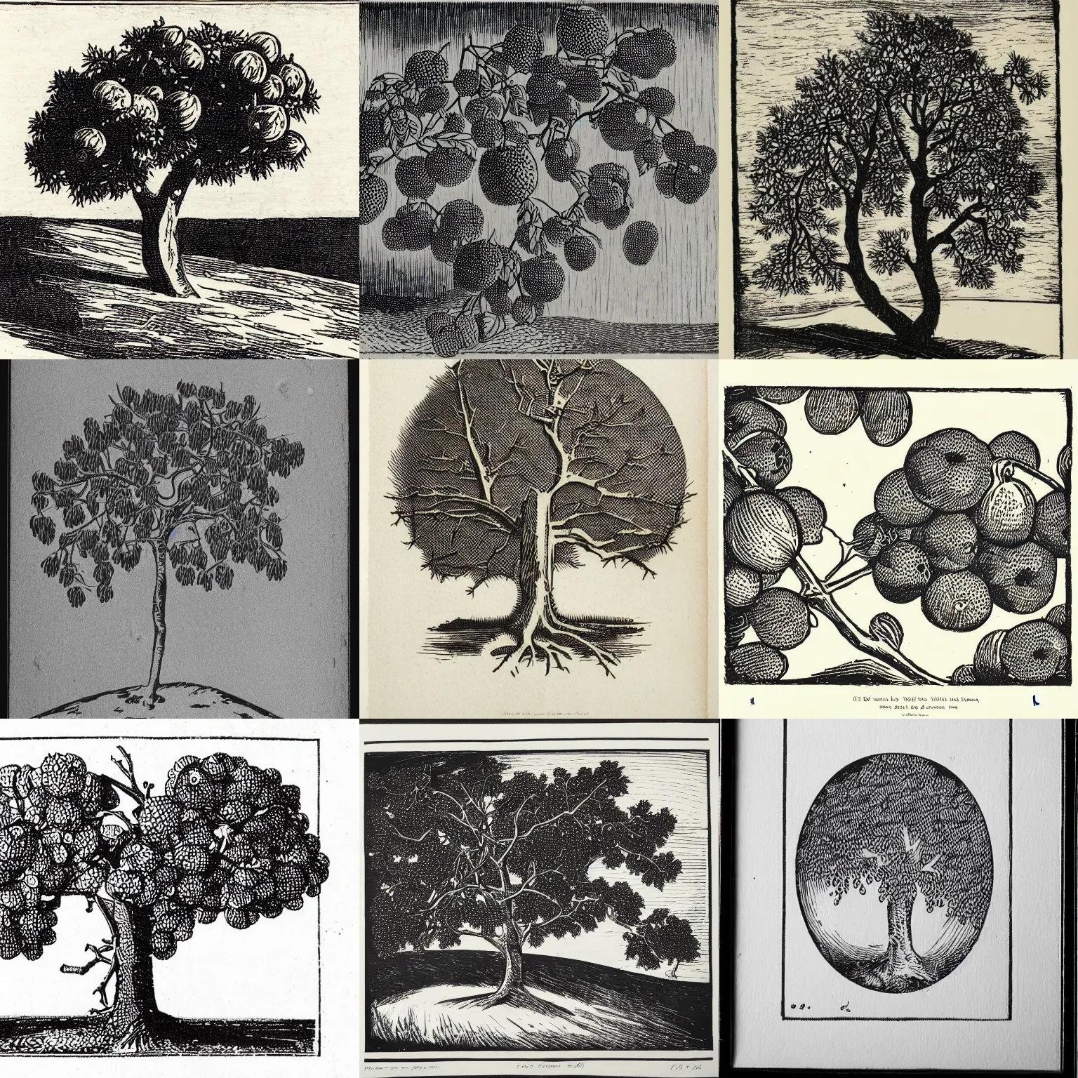 Prompt: tonalist woodcut of crataegus fruit, black and white