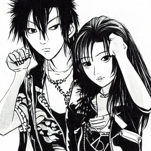 Prompt: a couple breaking up, punk, drawn by Ai Yazawa