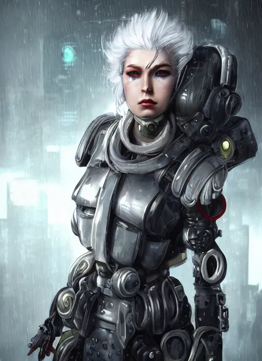 Image similar to An epic fantastic realism comic book style portrait painting of a female cyber warrior, dieselpunk armor, white hair, porcelain pale skin, cyberpunk color raining tokyo everywhere, Concept world Art, unreal 5, DAZ, hyperrealistic, octane render, cosplay, RPG portrait, dynamic lighting
