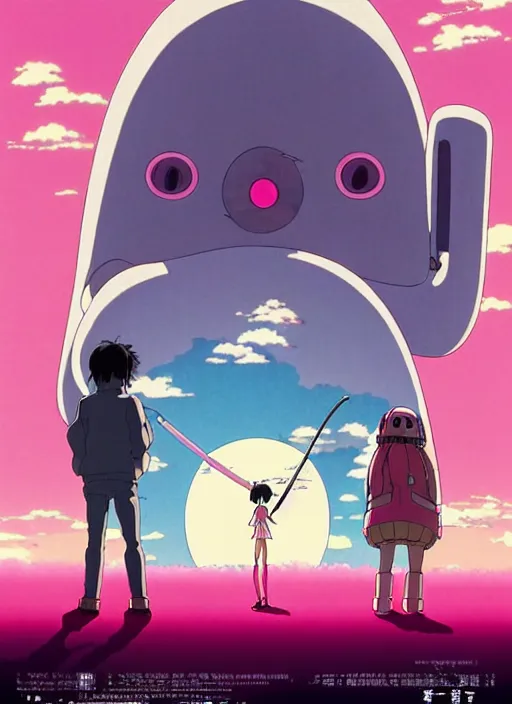 Image similar to a movie poster for a studio Ghibli film based on the song Yoshimi battles the pink robots, part 1. by the band the flaming lips; artwork by Hiyao Miyazaki and studio Ghibli; a Japanese girl is about to fight a gigantic Pink Robot in an alley in Tokyo