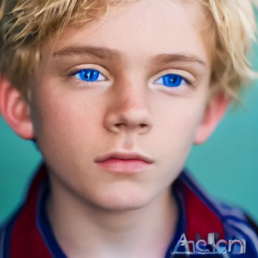 Image similar to a closeup portrait of a boy with blonde hair and light blue eyes. Extremely clear and high quality eyes with reflection, realistic face and details, clear lips and high quality