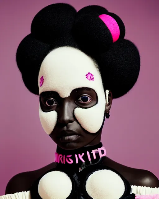 Prompt: symmetrical portrait of a black woman wearing pink silicone embroidered beauty mask and hair buns, wearing a black bodysuit by alexander mcqueen, cream white background, soft light, biotechnology, humanoide robot, bjork aesthetic, translucent, by rineke dijkstra, intricate details, highly detailed, masterpiece,