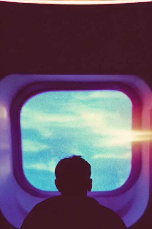 Image similar to agfa vista 4 0 0 photograph of a guy in a spaceship looking out a window into space, back view, synth vibe, vaporwave colors, lens flare, moody lighting, moody vibe, telephoto, 9 0 s vibe, blurry background, grain, tranquil, calm, faded!,