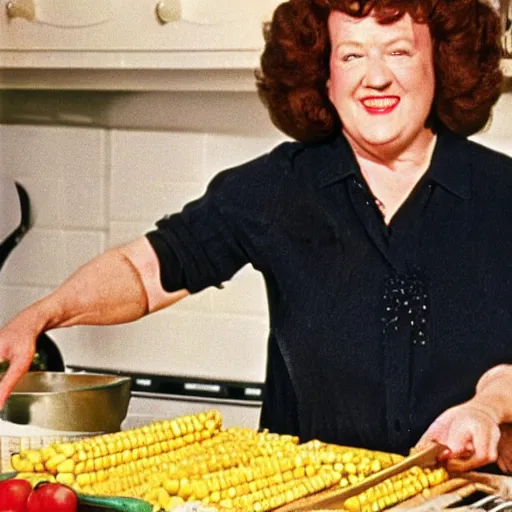 Image similar to color photo of julia child cooking show making corn dogs