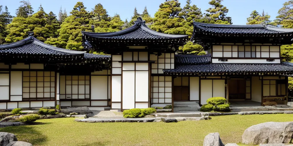 Image similar to large residence, japanese style, flared japanese black tile roof, cascadian, elegant