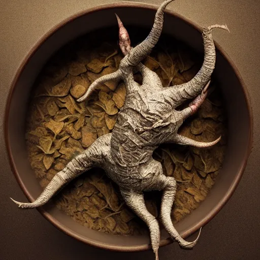 Prompt: mandrake root in a pot, intricate hyper detailed ultra sharp sharp focus, global illumination, radiant light, alexandre ferra, irakli nadar, octane render, unreal engine, 4 k, ultra hd,