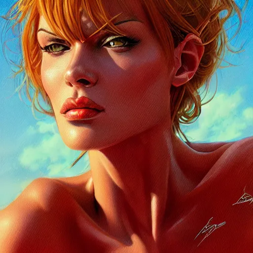 Image similar to Portrait of Sonja Red, intricate upper body, whole body, highly detailed, digital painting, artstation, concept art, smooth, sharp focus, illustration, art by Hajime Sorayama