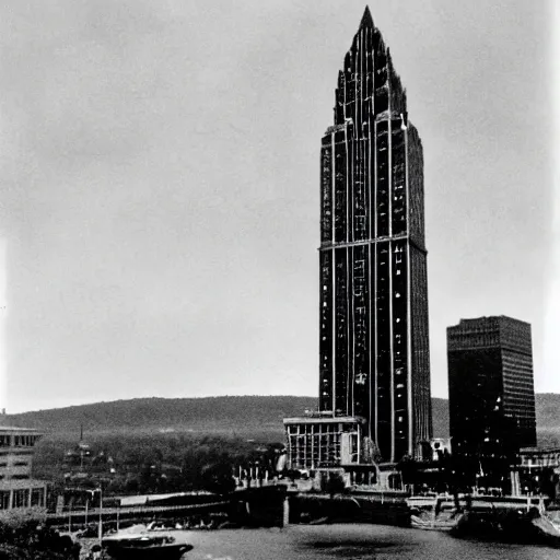 Image similar to godzilla attacking the corning tower albany, old movie