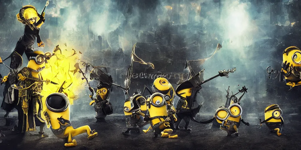 Prompt: Minions with axes and words against golden sparks, black smoke, yellow lights, Anime, cyberpunk, gothic, dark fantasy, art, 4k,