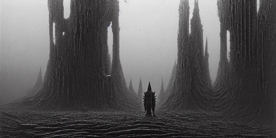 Image similar to Adeptus Mechanicus tech priest wandering mars, Zdzislaw Beksinski, Wayne Barlowe, H.R giger, gothic, biomorphic, amazing details, dystopian, surrealism, cold hue's, warm tone gradient background