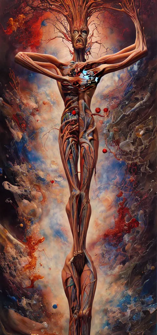 Prompt: a tall, fleshy anatomical figure with extra limbs, hovering in the air, zero gravity, neurons firing, rich colours, karol bak, mark brooks, hauntingly surreal, highly detailed painting by katsuhiro otomo, part by james jean, part by adrian ghenie, part by gerhard richter, soft light 4 k