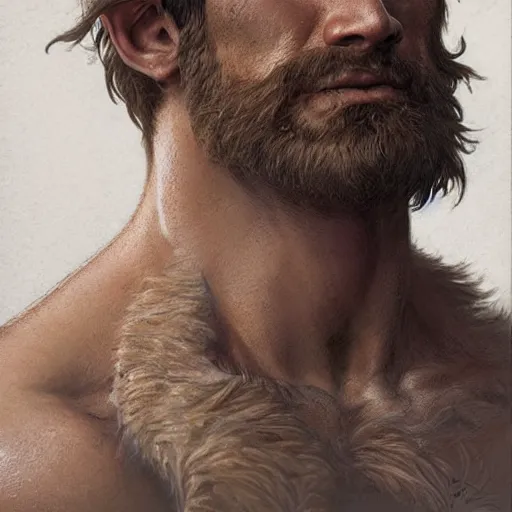 Image similar to portrait of a rugged ranger, muscular, upper body, hairy torso, d & d, fantasy, intricate, elegant, highly detailed, digital painting, artstation, concept art, smooth, sharp focus, illustration, art by artgerm and greg rutkowski and alphonse mucha