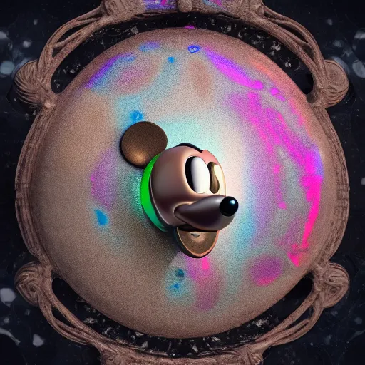 Image similar to knockoff mickey mouse head, fractal, broken, psychedelic, wet, mycelium, radiant alien, rococo, baroque, automotive, bio-mechanical, porcelain, iridescent, sub surface scattering, octane render