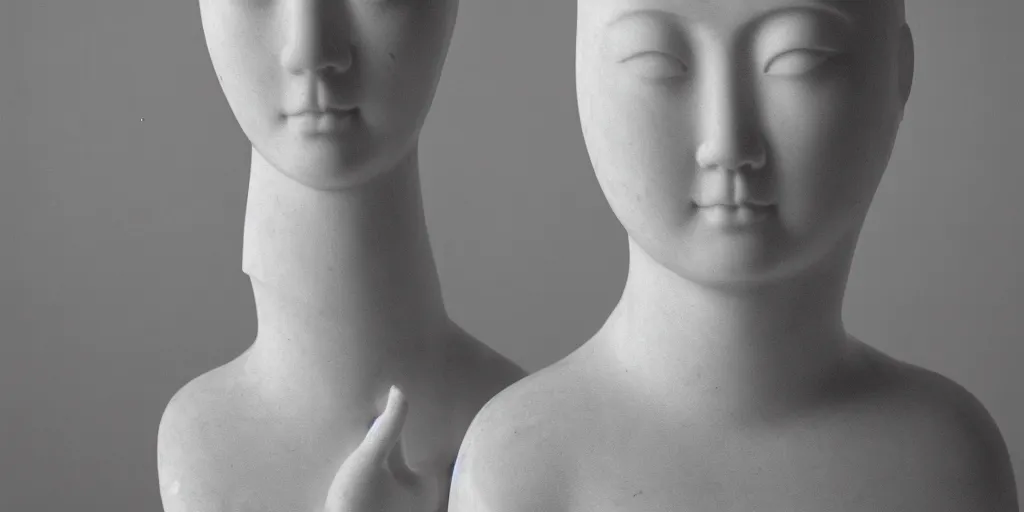 Prompt: analog photograph portrait of a marble statue of an attractive asian woman, heavy film grain, 8k, sheen, gloss, greyscale, white background, high contrast