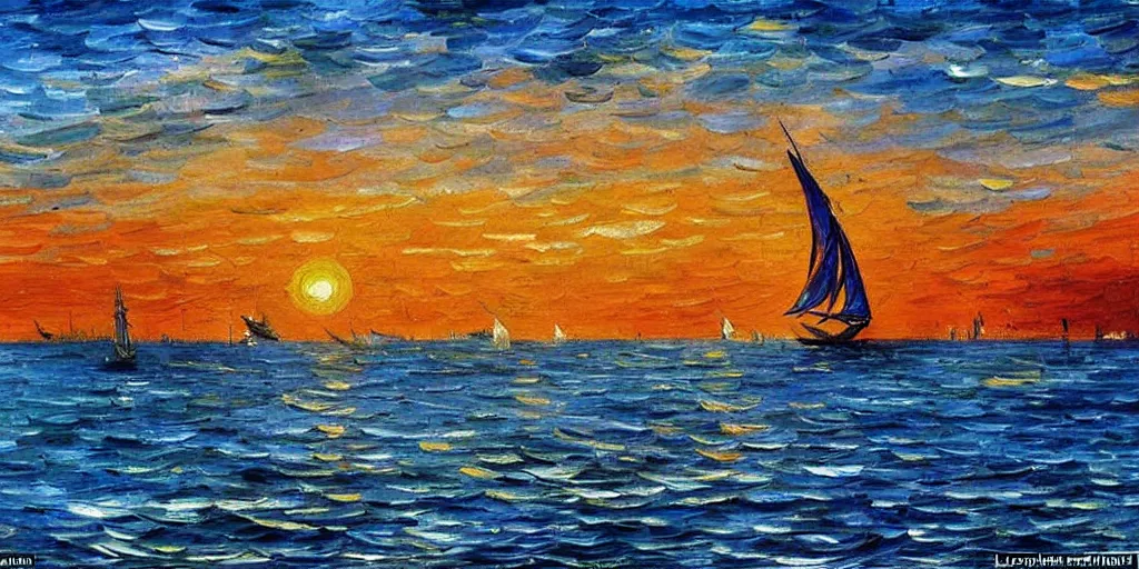 Image similar to rising sun ( ( ( fishing cormorant, fishing boat ) ) ) on the naples bay, by leonid afremov and van gogh and moebius, sharp details