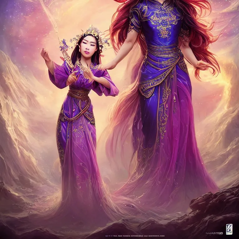 Image similar to beautiful cinematic fantasy poster, a beautiful vietnamese goddess wearing an ornate ao dai with flowing illuminated hair, beautiful glowing galaxy eyes, wideshot ultrawide angle epic scale, hybrid from The Elden Ring and art direction by Darius Zawadzki ;by artgerm; wayne reynolds art station; cinematic quality character render; low angle; ultra high quality model; production quality cinema model;