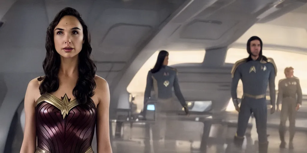 Image similar to gal gadot, in full starfleet uniform, is the captain of the starship enterprise in the new star trek movie