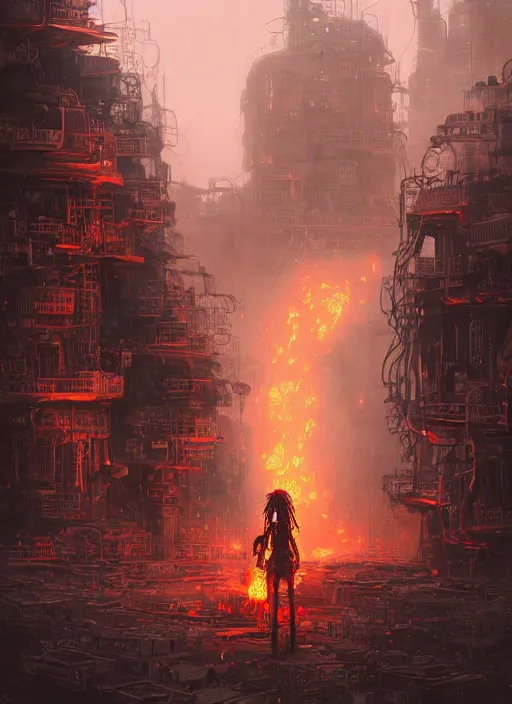 Image similar to highly detailed portrait of wasteland punk long curly fire hair tribal lady, stray wiring by atey ghailan, james gilleard, by joe fenton, by greg rutkowski, by greg tocchini, by kaethe butcher, 4 k resolution, gradient red, orange, black and white color scheme!!! ( ( flaming robotic dystopian city spiral background ) )