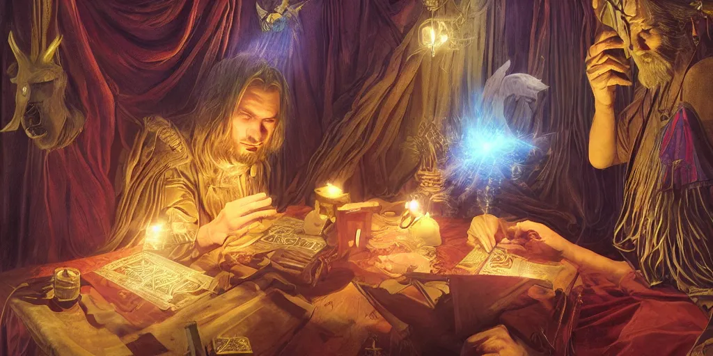 Image similar to wizard performing a tarot reading, cards, fantasy, digital art, soft lighting, 8 k, highly detailed