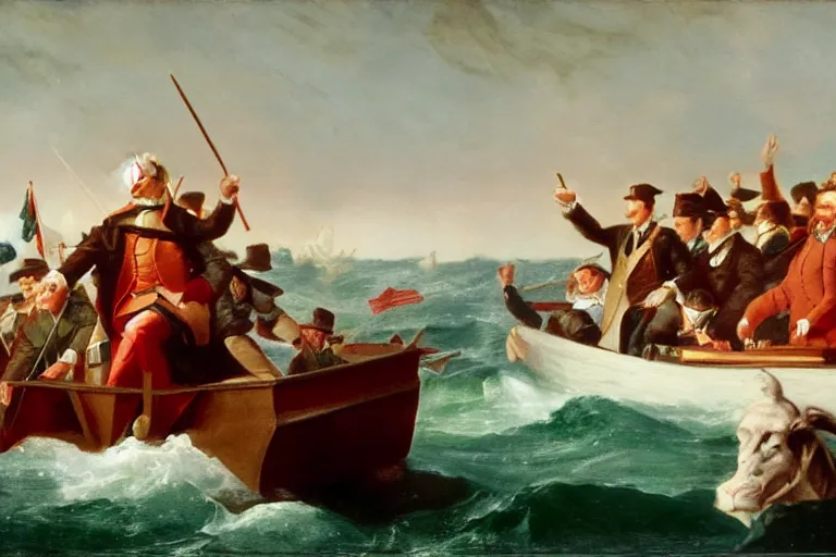 Image similar to Donald Trump crossing the delaware there is an arbys sign in the background by Emanuel Leutze