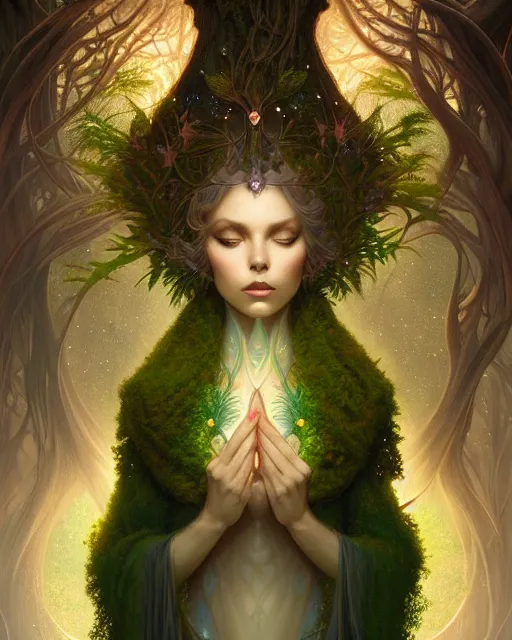 Prompt: symmetry portrait of moss princess, glam, fae, fireflies, forest background, intricate, elegant, highly detailed, digital painting, artstation, concept art, smooth, sharp focus, illustration, art by artgerm and greg rutkowski and fra angelico and alphons mucha