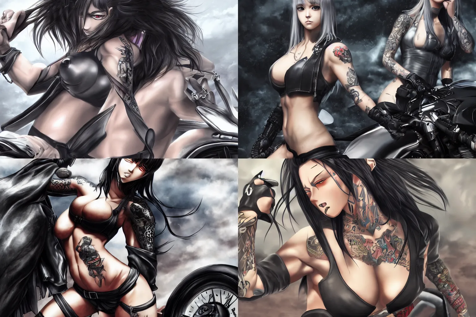 Prompt: Hyperrealistic stunning masterpiece of a monstrous and muscular anime girl with tattoos on a motorcycle, wearing an unzipped leather biker jacket and a gray top, cinematic, 4k wallpaper, trending on ArtStation