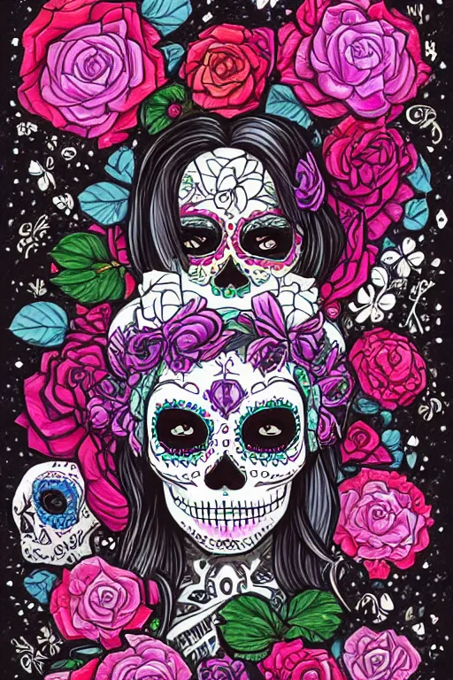 Prompt: Illustration of a sugar skull day of the dead girl, art by loish