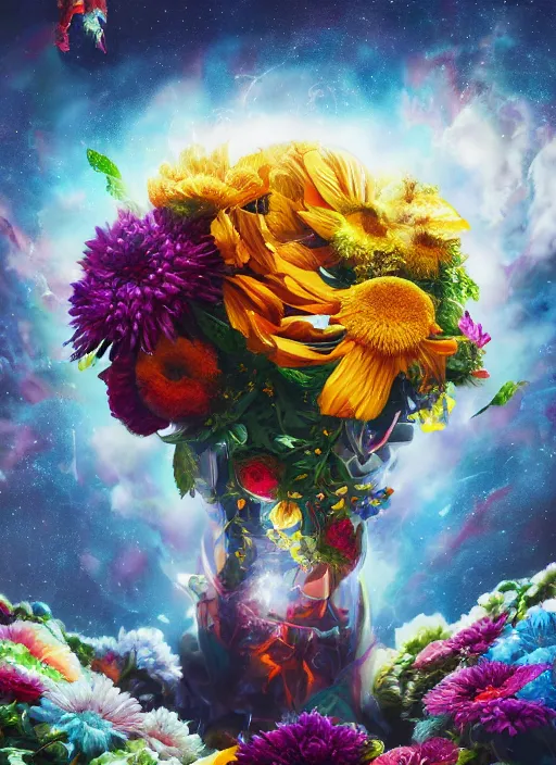 Image similar to An epic fantastic realism comic book style painting of the most beautiful flowers launched into space, bouquets, glorious galactic collision, sharp focus, fisheye, unreal 5, DAZ, hyperrealistic, octane render, dynamic lighting