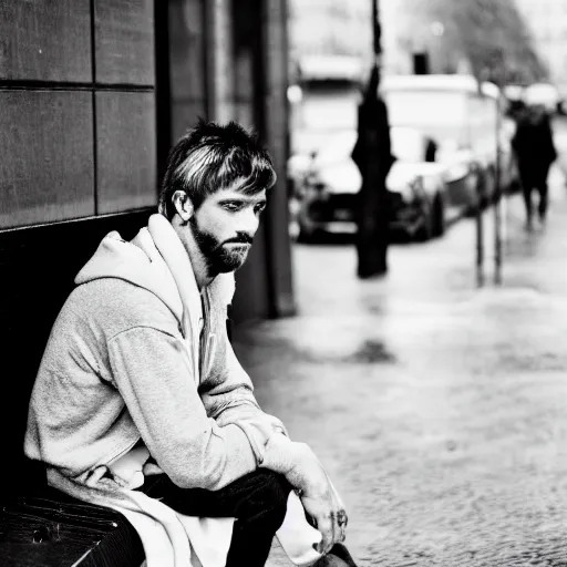 Image similar to black and white fashion photograph, highly detailed portrait of a depressed white drug dealer sitting on a bench on a busy Paris street, looking into camera, eye contact, natural light, rain, mist, lomo, fashion photography, film grain, soft vignette, sigma 85mm f/1.4 1/10 sec shutter, Daren Aronofsky film still promotional image, IMAX 70mm footage